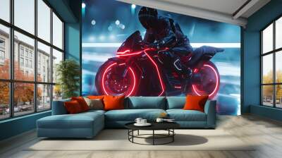 Futuristic motorbike rider rides in night cyberpunk city Wall mural