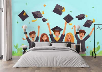 group of cheerful college students throwing graduation caps in the air, education concept, students celebrating success with caps and certificates, cartoon style, 3d rendering, Generative AI Wall mural