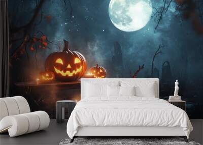 Halloween pumpkin head jack lantern with burning candles Wall mural