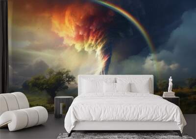 natural disaster tornado, rainbow colored, in the countryside Wall mural