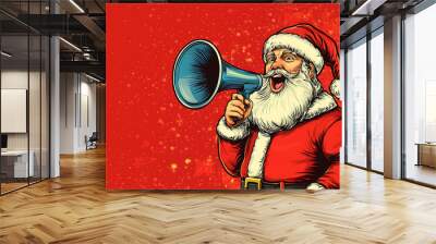 Santa Claus holding a megaphone against a festive red background. Wall mural