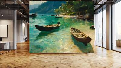 Serene beach scene with boats and lush greenery under a clear sky. Wall mural