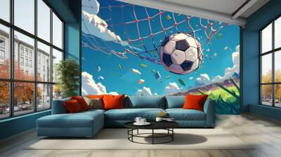 Soccer ball bends the net, the ball goes into the goal, cartoon style, vector, 3d rendering, 2d Wall mural