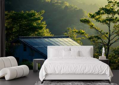 solar energy roof and nature, Modern house with solar panels and pool, Rendering 3d, Generative AI Wall mural