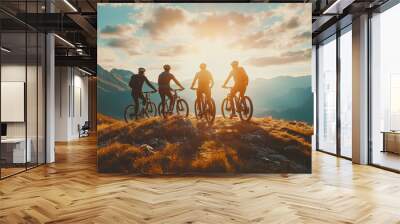 Three friends on electric bicycles enjoying a scenic ride through beautiful mountains, 3d rendering, generative ai Wall mural