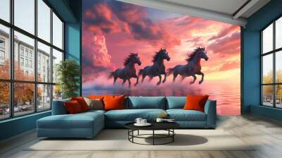 three horses running on water amidst beautiful sky and pink clouds Wall mural