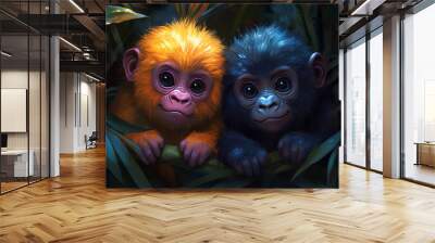 Two colorful, cartoonish monkeys peeking from lush foliage, showcasing vibrant expressions. Wall mural