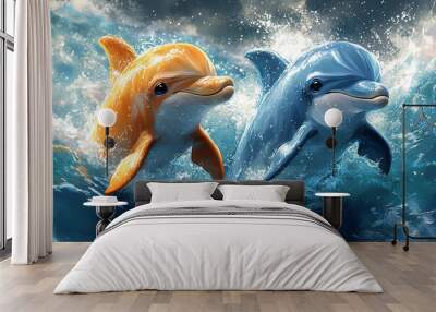 Two dolphins, one orange and one blue, leap through ocean waves, showcasing their playful nature. Wall mural