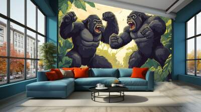 Two fierce gorillas facing off in a vibrant jungle setting. Wall mural