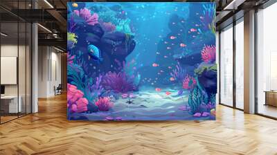 
Underwater view, underwater scene, Underwater Scene With Reef And Tropical Fish, coral fish and plants, cartoon style, vector, 3d rendering Wall mural