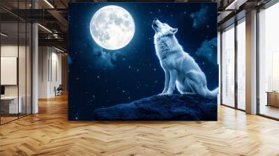 white wolf howling at the moon, night Wall mural