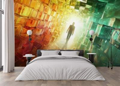 A person walking in abstract colorful broken glass tunnel Wall mural