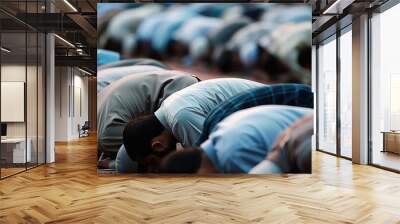 Islamic, praying and men in a Mosque for spiritual religion together as a group to worship Allah in Ramadan. Muslim, Arabic and holy people with peace or respect for gratitude, trust and hope Wall mural