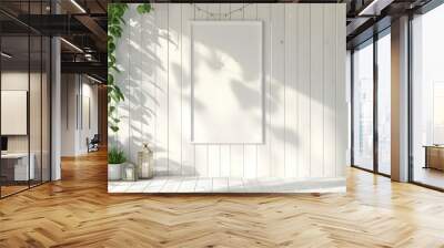 white wooden wall with plants and lanterns, white frame mock up on the right side, bright sunny light, Wall mural