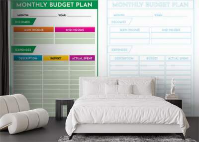 An Illustration of Monthly Budget Planner Templates in cmyk mode. Ready to print. This image showcases budget planner templates to help individuals organize their finances by categorizing incomes,   Wall mural