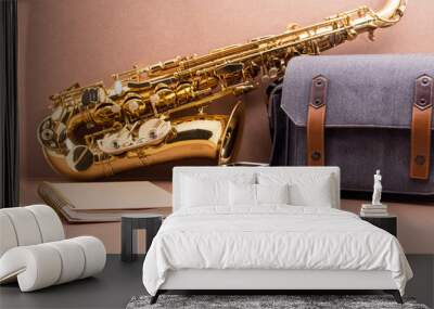 Taking note of the lessons saxophone accessories on rustic woode Wall mural