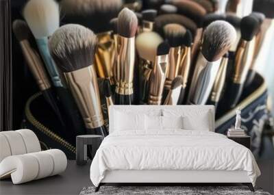 Various makeup brushes, including paintbrushes, are displayed on a white background, emphasizing their role as essential tools for artists and makeup enthusiasts. Wall mural