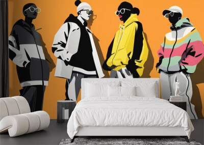 A stylish urban streetwear fashion illustration featuring four figures dressed in trendy outfits with bold colors. Wall mural