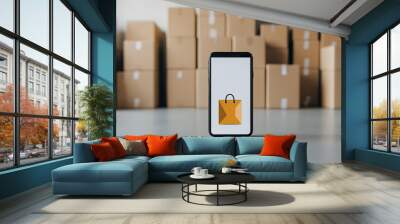 Online Shopping App with Cart Icon in Front of Cardboard Boxes Wall mural