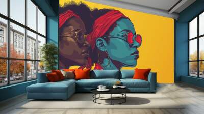 Two Stylish Women in Red Headbands and Sunglasses Against a Yellow Background Wall mural