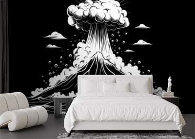 A black and white illustration of a volcano erupting on a dark background with waves and clouds surrounding the volcano. Wall mural