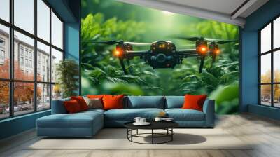 A black drone with red lights flying through a dense jungle. Wall mural