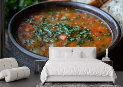 A bowl of homemade vegetable soup with fresh parsley garnish, served with bread. Wall mural