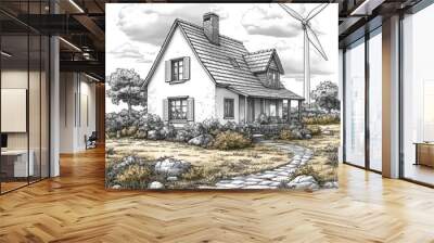 A charming white cottage with a stone path leading to it, nestled in a rural setting with a wind turbine in the background. Wall mural