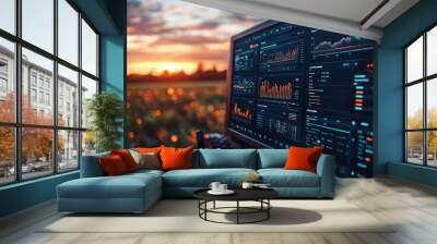 A close-up of a computer monitor displaying data and graphs in a field at sunset. Wall mural