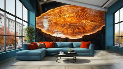 A close-up of a tree stump, showing the growth rings and texture of the wood. Wall mural