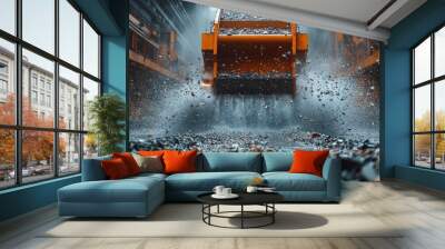 A close-up shot of a large industrial machine pouring rocks onto a pile below. The machine is in motion and the rocks are flying through the air, creating a spray of water. Wall mural