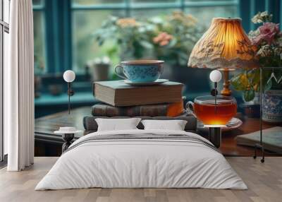 A cozy scene with a warm lamp, books, and two cups of tea on a wooden table. Wall mural