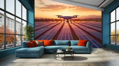 A drone flying over a field of solar panels at sunset. Wall mural