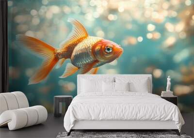 A Golden Fish Swimming in a Blue Aquarium Wall mural