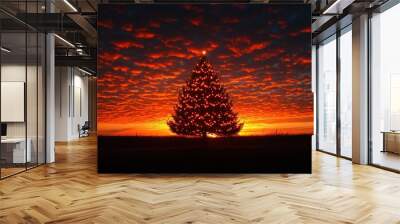 A lone Christmas tree stands silhouetted against a fiery sunset sky, its lights twinkling brightly. Wall mural