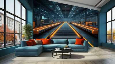 A modern, well-lit factory with an assembly line running down the center. Wall mural