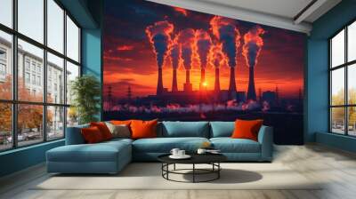 A power plant with tall smokestacks spewing smoke into the sky at sunset, creating a dramatic and polluted scene. Wall mural