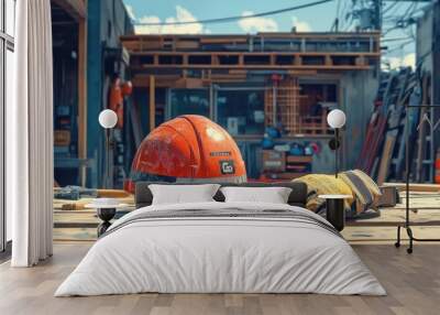 A red hard hat and a yellow work glove lie on a wooden surface outside a construction site, with tools and building materials in the background. Wall mural