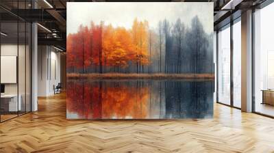 A serene lake reflects the changing seasons with trees in red, orange, yellow, and grey hues.  The mist adds a mysterious touch to the tranquil scene. Wall mural