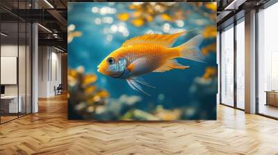 A vibrant orange fish swims in a clear blue aquarium with green plants and a blurry background. Wall mural