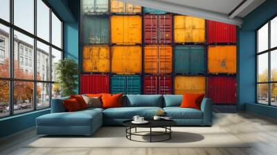 A wall of colorful shipping containers stacked high in a port, illuminated by the setting sun. Wall mural