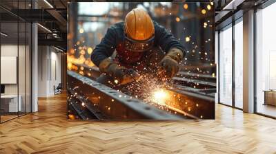 A welder in a yellow helmet and protective gear works on a railway track, sparks flying as he welds the metal. Wall mural