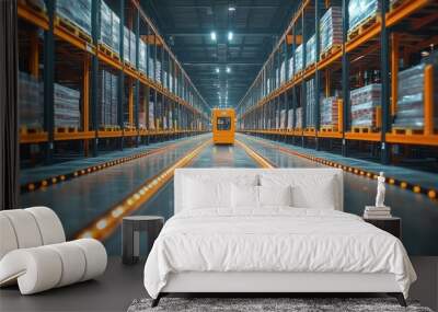 An automated guided vehicle (AGV) travels down a narrow aisle in a modern warehouse, surrounded by towering shelves stocked with goods. Wall mural