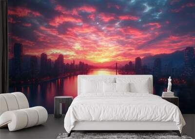 Cityscape Sunset with Bridge Wall mural