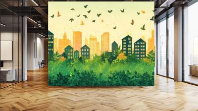 Cityscape with Birds and Green Foliage Wall mural