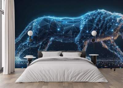 Digital Lion in a Glowing Blue Web Wall mural