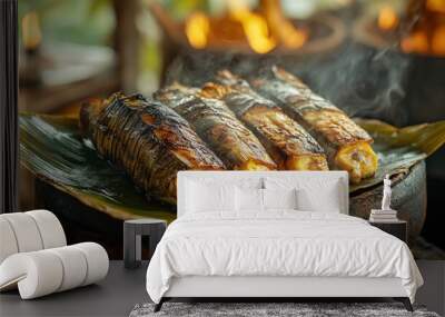 Grilled Fish Wrapped in Banana Leaf Wall mural