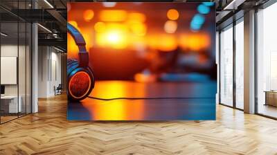 Headphones on a Table with Blurred Lights in the Background Wall mural