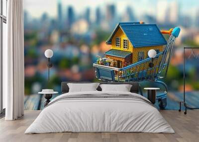 House in a Shopping Cart with a Blurred City Background Wall mural