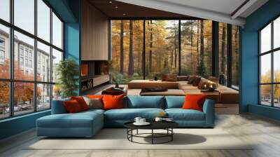 Modern Living Room with Stunning Autumn Forest View Wall mural